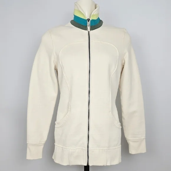 Lululemon Women's Cream Teal Retro Zip-Up Fleece Lined Scuba Jacket Pockets 8 - Picture 3 of 16